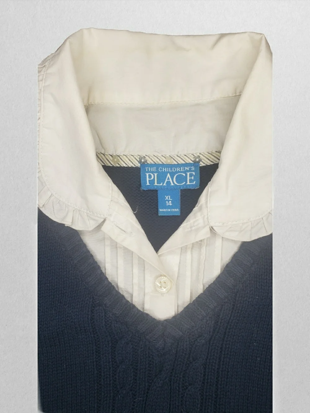 The Children's Place Navy Knit Vest with Cream Ruffled Blouse